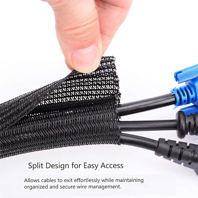 1/2"-10ft*2pcs Black/White Cable Sleeve - Protects Cords from Pets & Organizes Wires - Modern Style - Polyester Material - Flame Retardant - Easy to Use & Cut (Black, 10ft-1/2inch)
