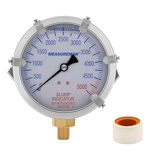 MEASUREMAN Concrete Pump Slump Indicator Gauge, 4 Inch Dial, 0-5000 PSI with 5 Adjustable Target Pointers, Glycerin Filled, 304 Stainless Steel Case, 1/4 NPT Lower Mount