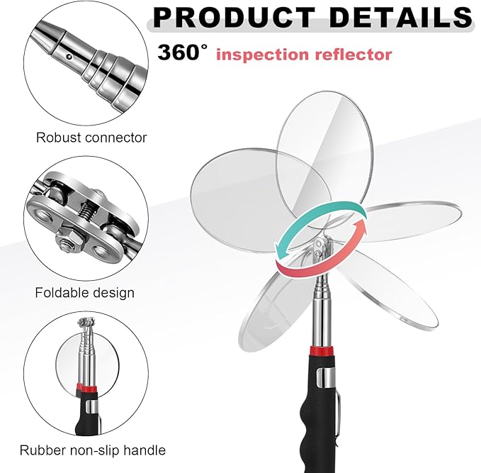 6 Pcs Telescoping Inspection Mirror,Retractable Round Mechanical Mirror Tool,Under Vehicle Square Inspection Mirror,Car Visual Reflector,Retractable Detection Mirror Repair Tool