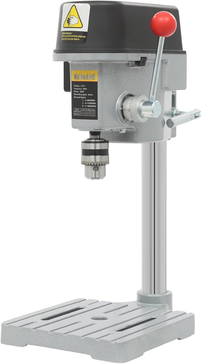 Mini Drill Press 3-Speed Electric Drill Press Bench 1-10mm Clamp Benchtop Drill Press Chuck 340W 110V Tabletop Drilling Machine for Metal Wooden Jewelry DIY and Crafts