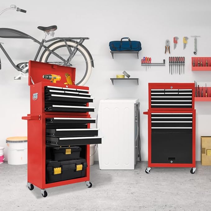 13 Drawer Rolling Tool Chest with Wheels, 2 in 1 Detachable Tool Chest with Drawers, Large Tool Box with Lock, Metal Tool Cabinet for Garage Workshop(Red-Black)