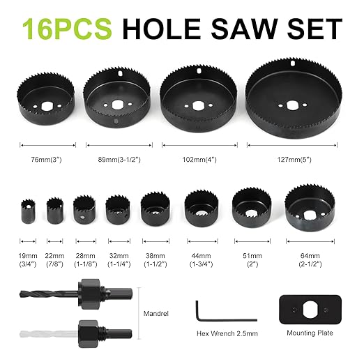 Yougfin Hole Saw Kit, 16 Pieces Hole Saw Set w/ 12Pcs Saw Blades, 2Pcs Mandrels, Install Plate & Hex Key - Ideal for Soft Wood, Plywood, Drywall, PVC - Sizes 3/4"-5" (19-127mm)