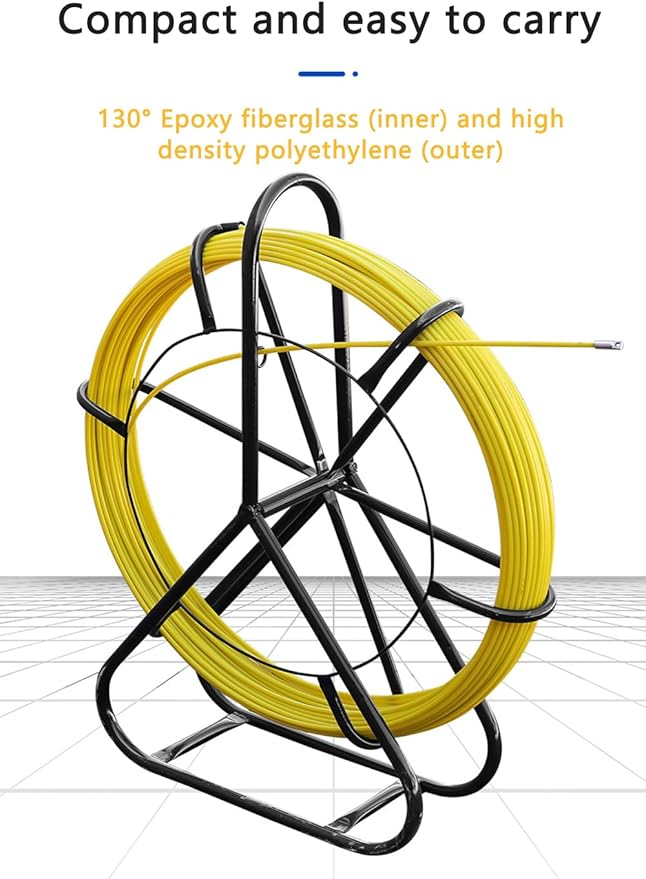 Fish Tape Fiberglass 6mm 656ft wire cable running electrical fish tape wire puller Cable Running Rod with Steel Reel Stand 【6mm*200m】