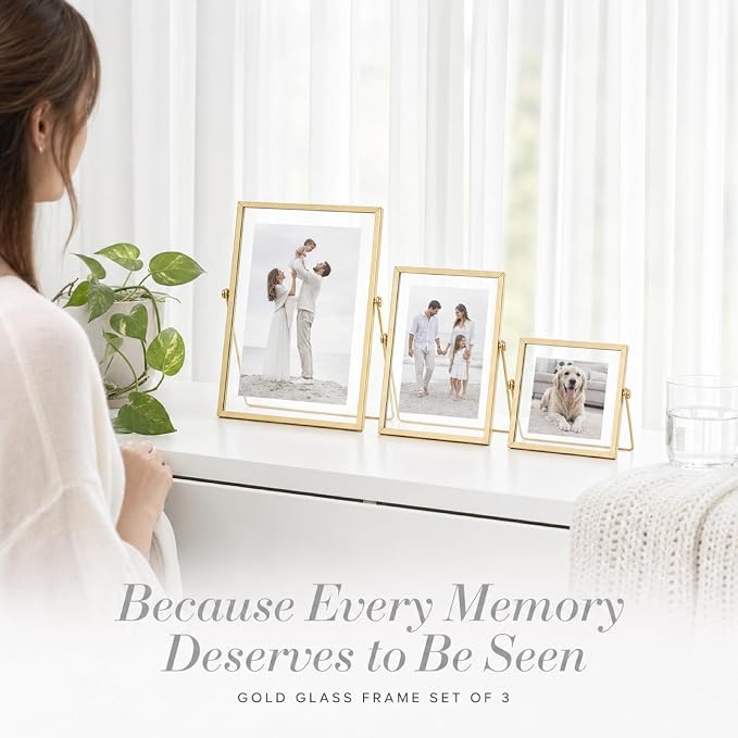 Gold Picture Frames Set of 3 — 4x4 4x6 5x7 Floating Glass Photo Frame Gift | - Image 6