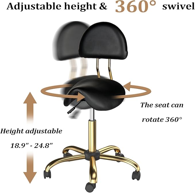 OmySalon Drafting Chair,Ergonomic Saddle Stool with Back Support,Tall Adjustable Rolling Stool with Thick Seat Cushion, Office Computer Chair for Salon Barber Spa Home Bar, Black Gold