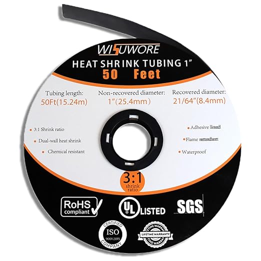 Heat Shrink Tubing, 3:1 Ratio Adhesive Lined Marine Grade Shrink Wrap Tubing,Industrial Heat Shrink Tube Electrical 1'' Black,50 Feet Roll