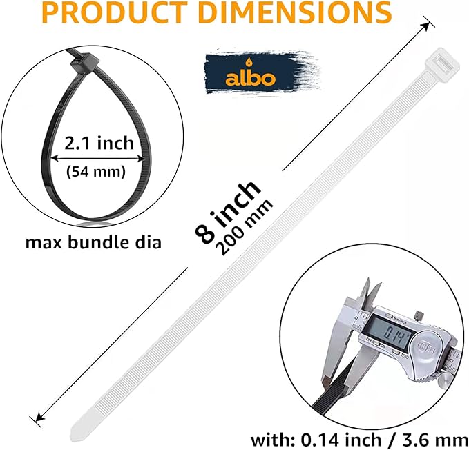 ALBO Zip Ties White 8 Inch 1000 Pack 40 lb, Long Plastic Cable Ties Thick 0.14 Inch Tie Wraps Heavy Duty UV Resistant Nylon Wire Ties for Indoor and Outdoor
