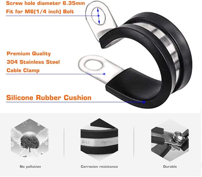 HOLYBEAR 1-3/4 Inch Stainless Steel Cable Clamp, Rubber Insulated Metal Conduit Wire Holder Strap Clips for Pipe, Tube, Hose Bracket (45mm, 12pcs)