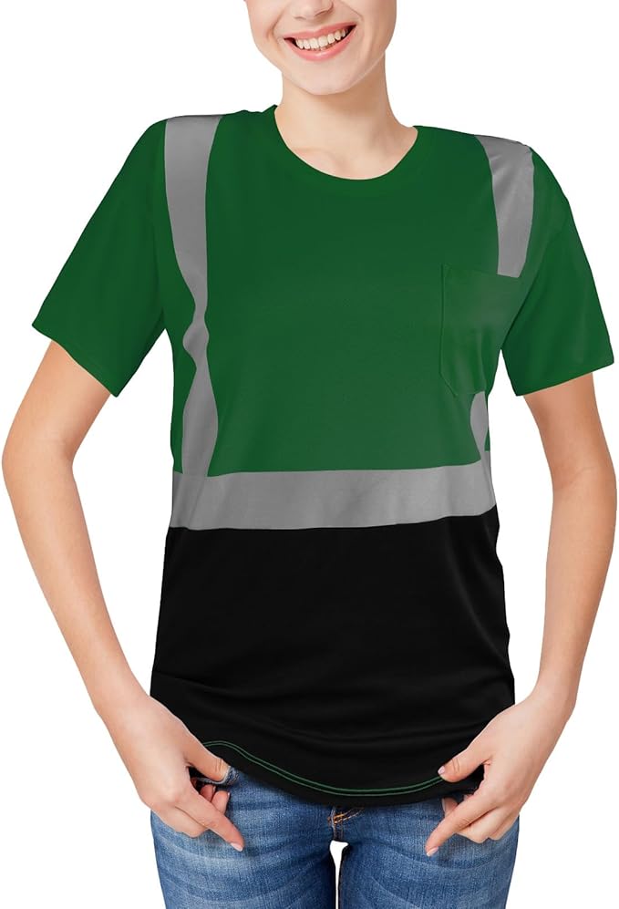 High Visibility Shirts Quick Dry Safety T Shirts with Reflective Strips and Pocket Short Sleeve Mesh Hi Vis Construction Work Class 2 Shirt for Men/Women Black Bottom Green,Medium