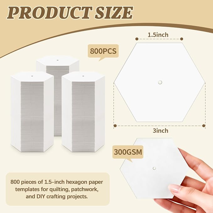 800 PCS Hexagon Piecing Paper Templates, 1.5" White Paper templates, Quilting - Image 2