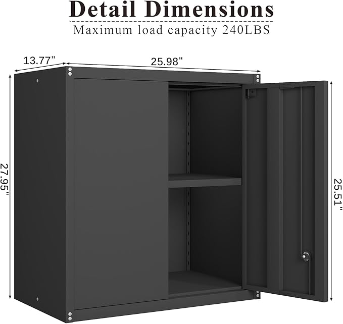 28" H Metal Wall Cabinet, Steel Wall Mount Storage Cabinets with 2 Doors and 1 Adjustable Shelf, Small Wall Cabinet for Kitchen, Garage, Laundry Room, Pantry, Black