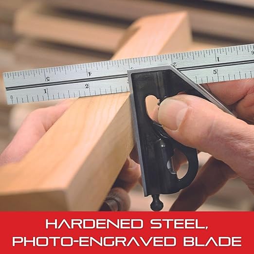Starrett Steel Combination Square with Square Head - 4" Blade Length, Cast Iron Head, Hardened Steel, Reversible Lock Bolt, 4R Graduation Type - C11H-4-4R