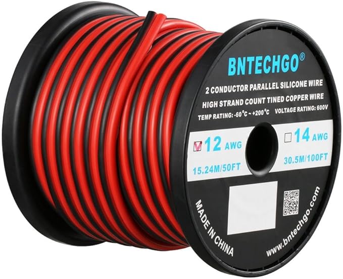 BNTECHGO 12 Gauge Flexible 2 Conductor Parallel Silicone Wire Spool Red Black High Resistant 200 deg C 600V for Single Color LED Strip Extension Cable Cord,Model,50ft Stranded Tinned Copper Wire