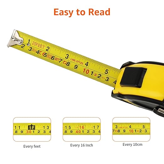 Amazon Basics Self-Locking Tape Measure, 25 feet (8-meters), inch/metric Scale, MID Accuracy, 2-Pack, Yellow