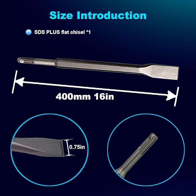16-Inch SDS Plus Chisel, 3/4 Inch Flat Chisel with Sds Plus Shank Ideal for Concrete Demolition, Tile Removal Chisel Tool for SDS Plus Hammer Drill Attachment
