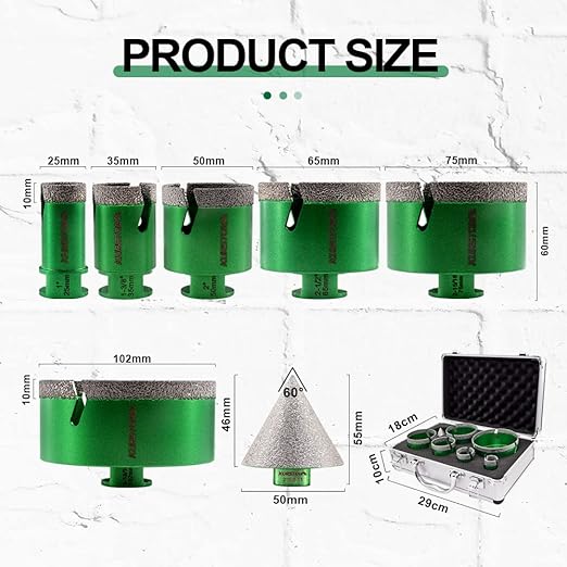 Tile Hole Saw Kit - 6pcs Diamond Core Drill Bits 25/35/50/65/75/102mm+1pc 2" Beveling Chamfer Bit 5/8-11" Thread for Shaping Enlarging Porcelain Ceramic Tile Granite Marble Angle Grinder