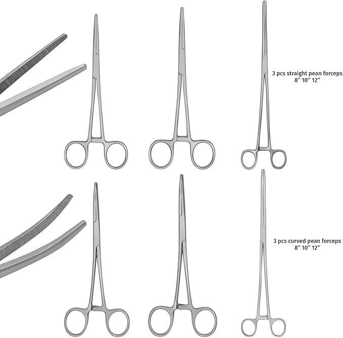 Hemostats ROCHESTER PEAN Forceps Locking Pliers Clamps Tongs Full Serrated Stainless Steel (Straight 5,6.25,7.25, 8,10,12 Inches 6 pcs Set)