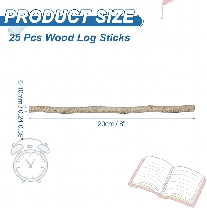 PATIKIL 25 Pcs 8inch Wood Log Sticks, 0.24-0.39inch in Diameter Natural - Image 2