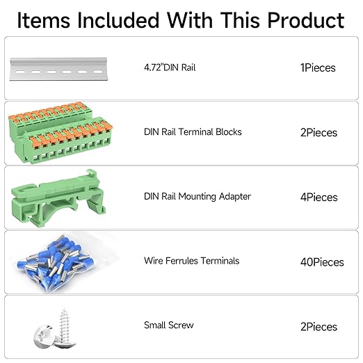 2Pcs DIN Rail Terminal Blocks, 10P Lever Wire Connectors for AWG 24-12, 300V 15A, 40Pcs Wire Ferrules Terminals & 4.72 Inch DIN Rail Included,CE