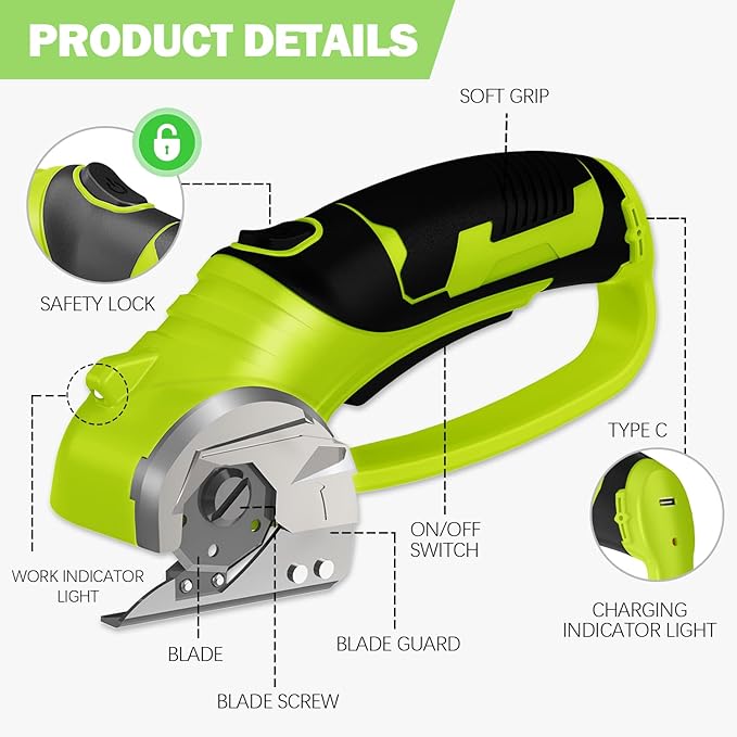 Cordless Electric Scissors, 4V Box Cutter & Cardboard Cutter with Upgrade Blade, LED Light, Safety Lock - Rechargeable Rotary Cutter for Fabric, Leather, Plastic, Crafting, Sewing, Industrial (Green)