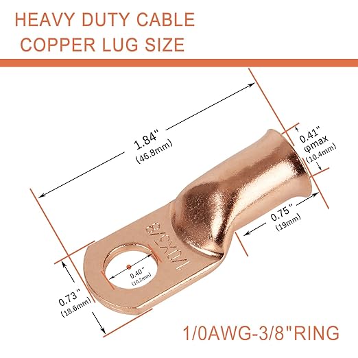 10pcs 1/0 AWG-3/8”(M10) Ring Terminals 0 Gauge Copper Wire Lugs Battery Cable Ends Heavy Duty Battery Cable Terminal Connectors