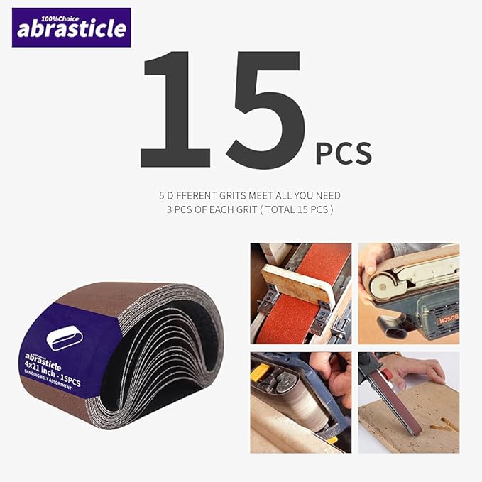 15 Pcs 4 x 21 Inch Assorted Aluminum Oxide Sanding Belts - 80/120/150/240/400 Grit