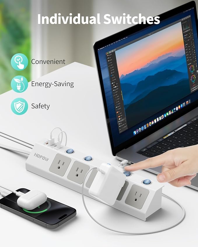 Flat Plug Power Strip with Individual Switches, 10 Ft Ultra Thin Flat Extension Cord, 5-Outlet Surge Protector with 2 USB-C (20W PD) & 2 USB-A, 1700 Joules, Wall Mount for Home Office, White
