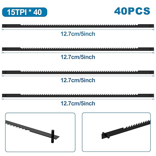 5 Inch Scroll Saw Blades, 40pcs Pin End Scroll Replacement for 3921 3922 SK5, High Carbon Steel Coping Saw Blade 15TPI Metal Cutting Scroll Saw Blade Kit for Wood Metal Plastic