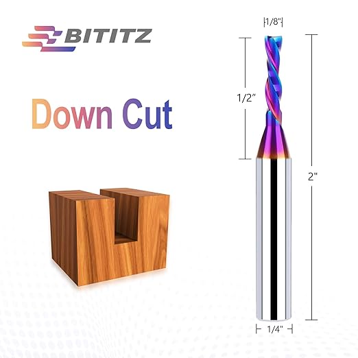 Downcut Spiral Router Bit 1/4 Inch Shank 1/8 Inch Cutting Diameter 1/2 Inch Cutting Length with Extra Long Life Coating CNC Router Bits End Mill for Wood Cutting, Slot Mortise, Engraving