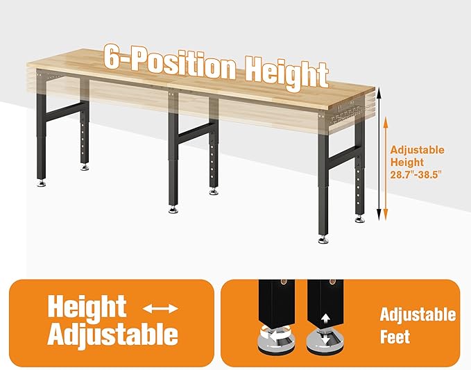 SPECRAFT 96“ Adjustable Heavy Duty Workbench with 4 AC Outlet and 2 USB Ports Power Outlets, 5000 Lbs Capacity, Rubber Wood Top for Garage, Workshop, Office