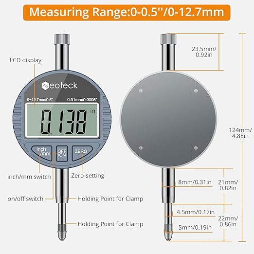Neoteck Digital Dial Indicator Bore Gauge with 0.7"-6"/0.0005" Measuring Range and 6" Measuring Depth Dial Bore Gauge Set with 23PCS Anvils for Engine Cylinder Measurement