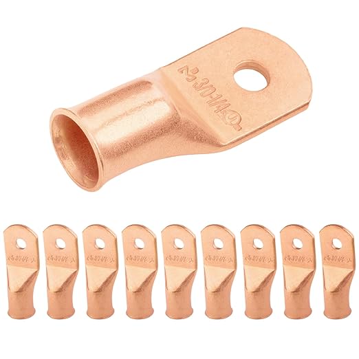 SELTERM 10pcs 3/0 AWG - 1/4" Stud - Battery Lugs, Heavy Duty Wire Lugs, Ring Terminals, Battery Cable Ends,000 Gauge Terminals, UL Bare Copper Eyelets Electrical Battery Terminal Connectors