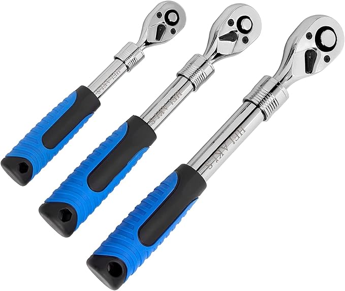 3-Piece 1/4" 3/8" 1/2-Inch Drive Socket Ratchet Set Extendable Handle Wrench Quick-Release Reversible Gear Torque Spanner Mechanical Tools
