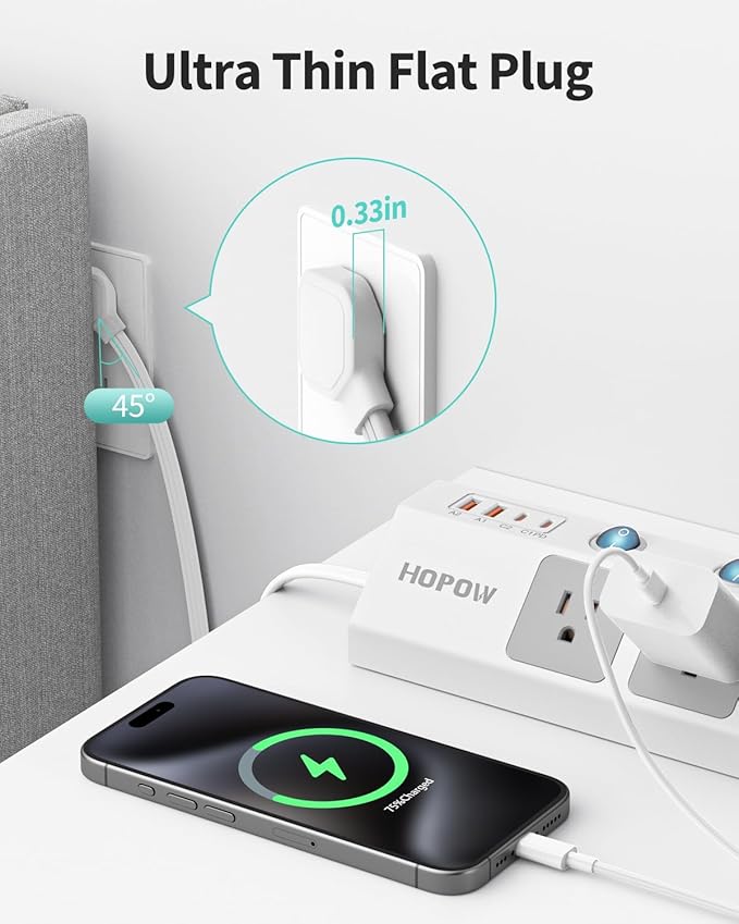 Flat Plug Power Strip with Individual Switches, 10 Ft Ultra Thin Flat Extension Cord, 5-Outlet Surge Protector with 2 USB-C (20W PD) & 2 USB-A, 1700 Joules, Wall Mount for Home Office, White