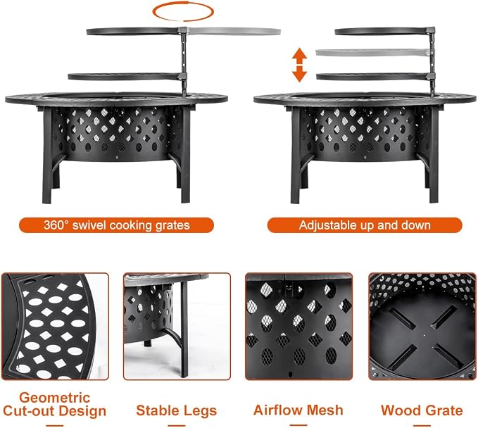OutVue 36 Inch Fire Pit with 2 Grills, Wood Burning Fire Pits - Image 9