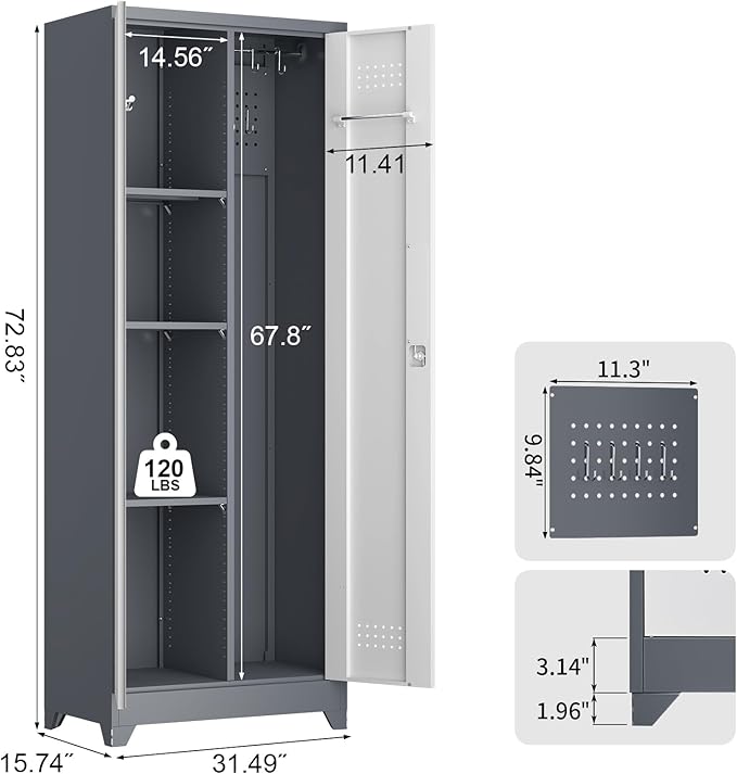 Broom Storage Cabinets, 65" Tall Broom Closet with Hanging Rod, Utility Closet Storage Cabinets with Doors and Shelves, Cleaning Tool Cabinet for Utility Room, Bathroom
