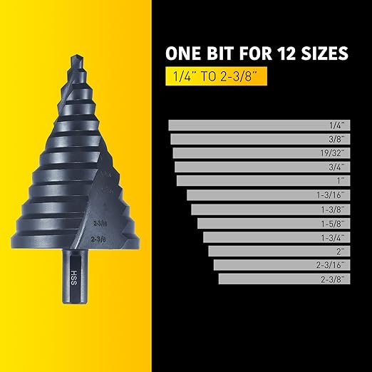 12 Sizes Step Drill Bit, 1/4 to 2-3/8 inch Black High Speed Steel Drill Cone Bits for Sheet Metal Hole Drilling Cutting, Sprial Unibit Extra Large 2-3/8 inch