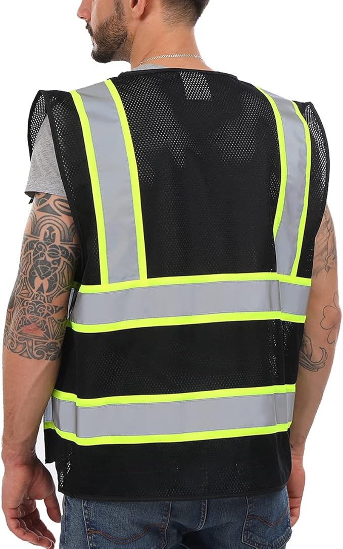 Dib Safety Reflective Mesh Vest High Visibility Two Tone with Pockets and Zipper, Black Mesh with Yellow Trim 3X