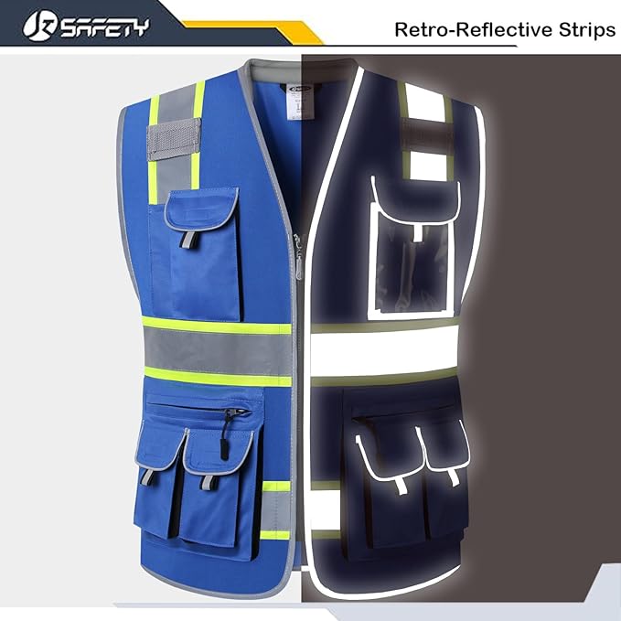 JKSafety 10 Pockets Hi-Vis Zipper Front Fluorescent Blue Safety Vest | Cushioned Collar | High Reflective Tapes with Extended Neon Yellow Strips | Meets ANSI/ISEA Standards (4X-Large, 89-Blue)