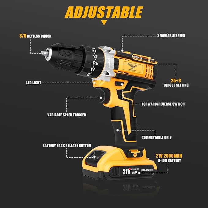 Cordless Drill Tool Kit Set: 21V Power Drill Tool Box with Battery, 2-Speed, 42N.m Max, Electric Screwdriver Driver for Men Home Hand Repair Basic Toolbox Tools Sets Drills Case