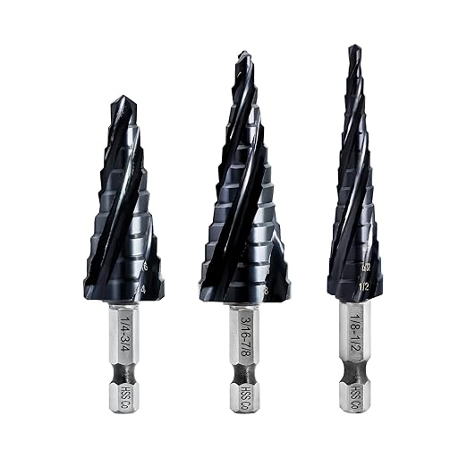 Cobalt Step Drill Bit Set - 3pcs 1/4"-3/4" 1/8"-1/2" 3/16"-7/8" Four Spiral Flute Step Drill Bit M35 with Impact Ready Unibit for Stainless Steel Metal Aluminium Copper Wood Plastic