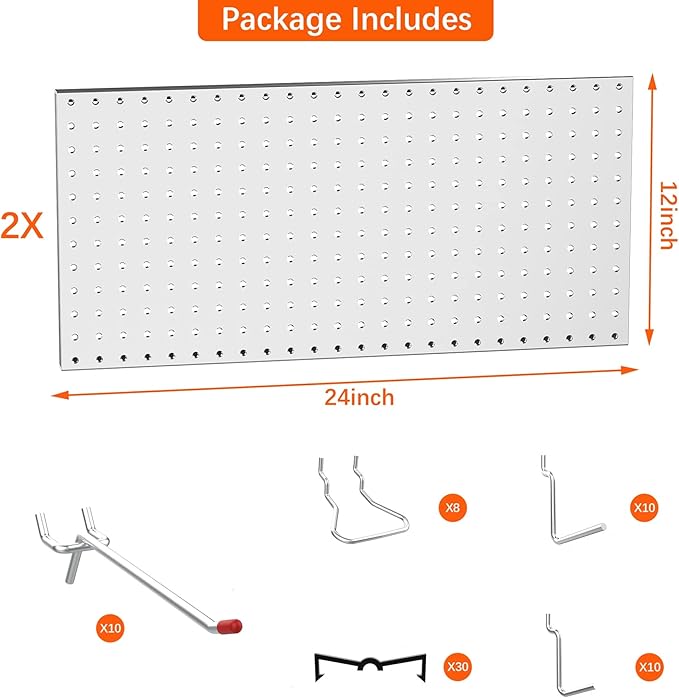 TORACK Metal Pegboard Wall Organizer 24" x 24" or 12" x 48", 70PCS Tools Storage Pegboard for Garage Peg Board Tool Organizer Board with Hooks for Workbench(Grey)