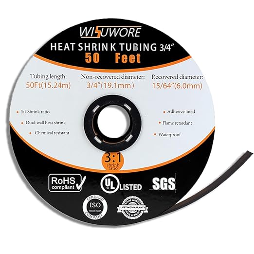 3:1 Heat Shrinkable Tubing with Adhesive Lining 3/4'' Eco-Friendly Flame Retardancy Marine Grade Sleeving Tube Wrap Cable Wire 50 Feet Roll Black