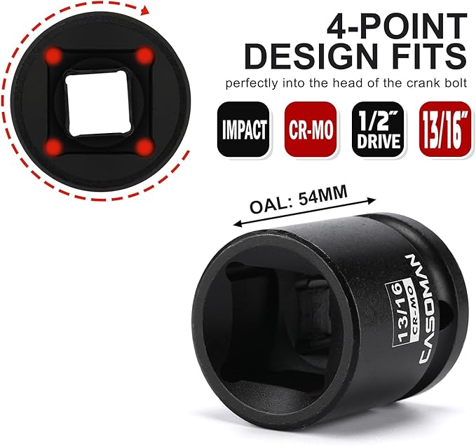 CASOMAN 1/2" Drive 4-Point Square Socket-13/16", Budd Wheel Impact Socket, CR-MO