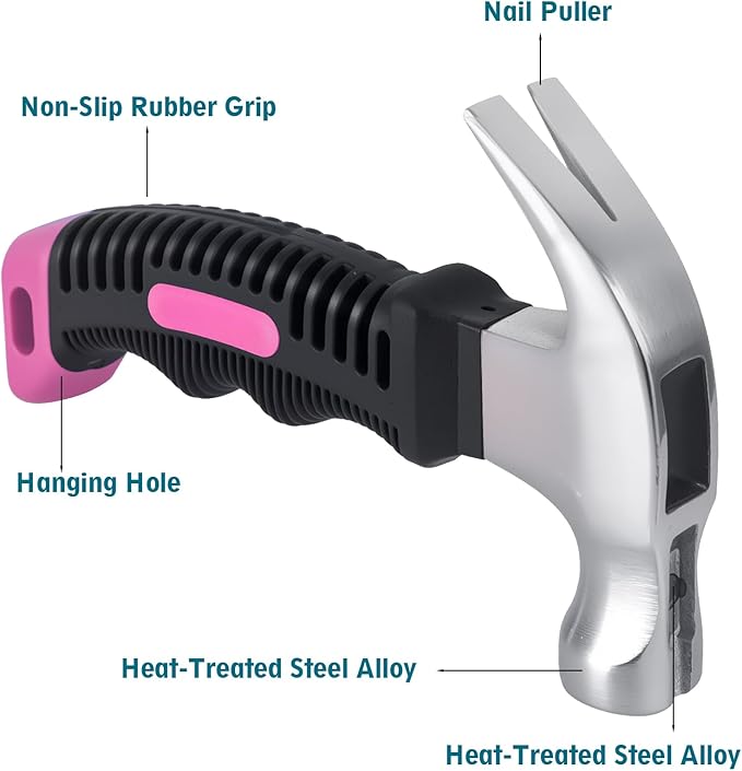 Small Claw Hammer - Mini Hammer for Women&Kids, Camping Hammer, Stubby Tack Hammer, Nail Hammer with Magnetic (Pink)