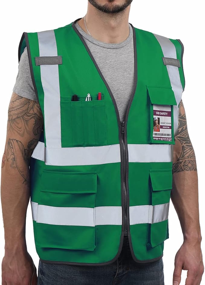 Dib Safety Reflective Vest High Visibility with Pockets and Zipper, Green 3XL