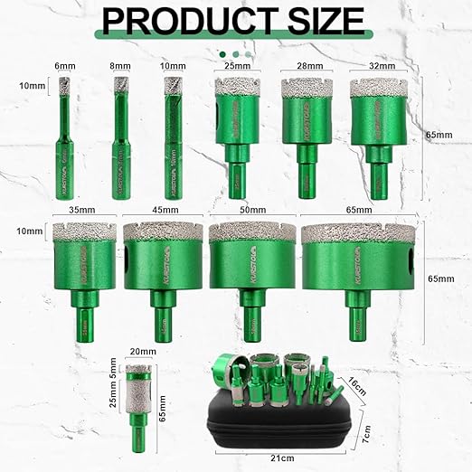 Diamond Core Drill Bit Kit - 6/8/10/25/28/32/35/45/50/65mm Triangle Shank +4/5"(20mm) Finger milling Bit Tile Hole Saws for Drilling/Enlaging Porcelain Ceramic Tile Granite Marble Stone