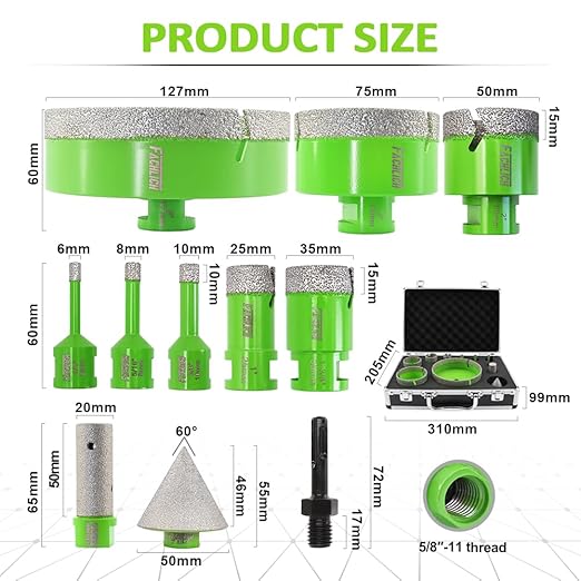 Diamond Core Drill Bits Set - Tile Hole Saw Kit 6/8/10/25/35/50/75/127MM+20F with 2" Diamond Beveling Chamfer Bits for Porcelain Ceramic Tile Granite Marble(11PCS)