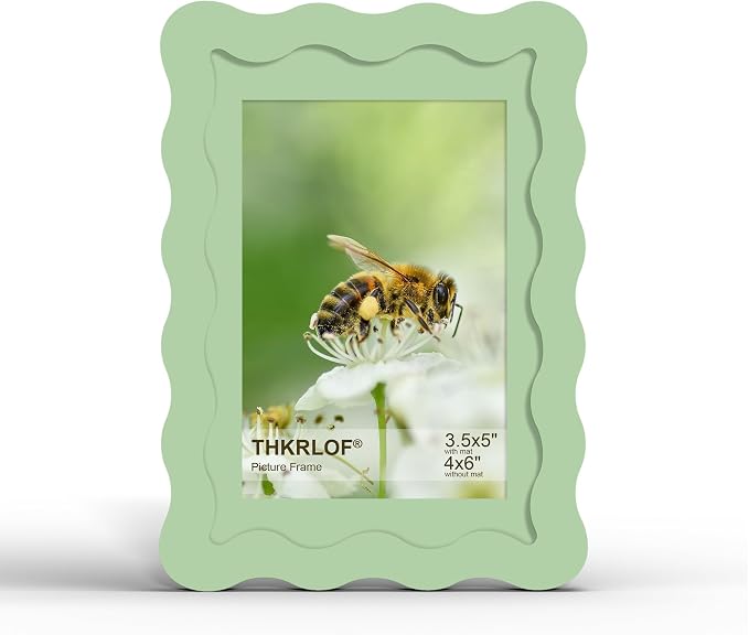 4x6 Picture Frame with Mat for 3.5x5, Wavy Edge Wooden Real Glass Photo Frame by THKRLOF