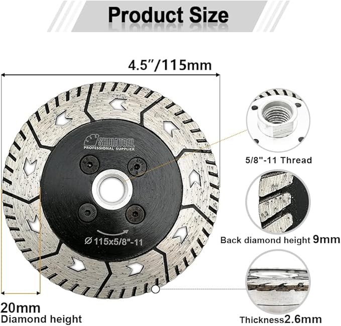 SHDIATOOL Diamond Cutting Blades Two-in-One Design 4-1/2 Inch Granite Turbo Disc Cut Grind Sharpen Marble Concrete and Bricks 115mm (2-Pack)
